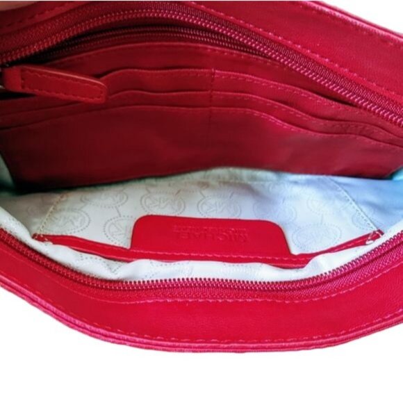 Michael Kors Red Ruched Leather Expandable Clutch with Chrome Hardware - Picture 3 of 8